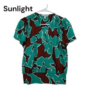 Nine West Women SZ XS Teal & Brown Floral Wrap Blouse Pullover